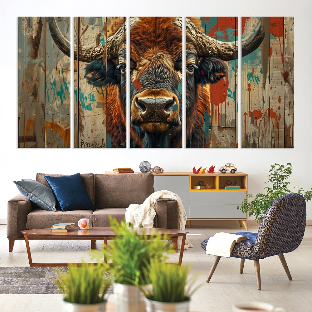 The dining room showcases the Bison Canvas Wall Art American Buffalo Print as a triptych on the wall. This museum-quality canvas includes a UV-protective coating to ensure it remains stunning and ready to hang for years to come.