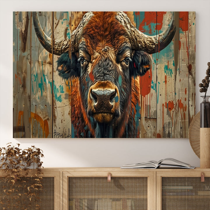 The dining room showcases the Bison Canvas Wall Art American Buffalo Print as a triptych on the wall. This museum-quality canvas includes a UV-protective coating to ensure it remains stunning and ready to hang for years to come.