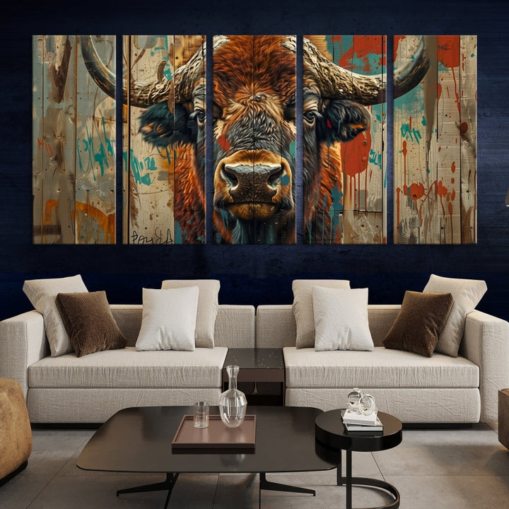 The dining room showcases the Bison Canvas Wall Art American Buffalo Print as a triptych on the wall. This museum-quality canvas includes a UV-protective coating to ensure it remains stunning and ready to hang for years to come.