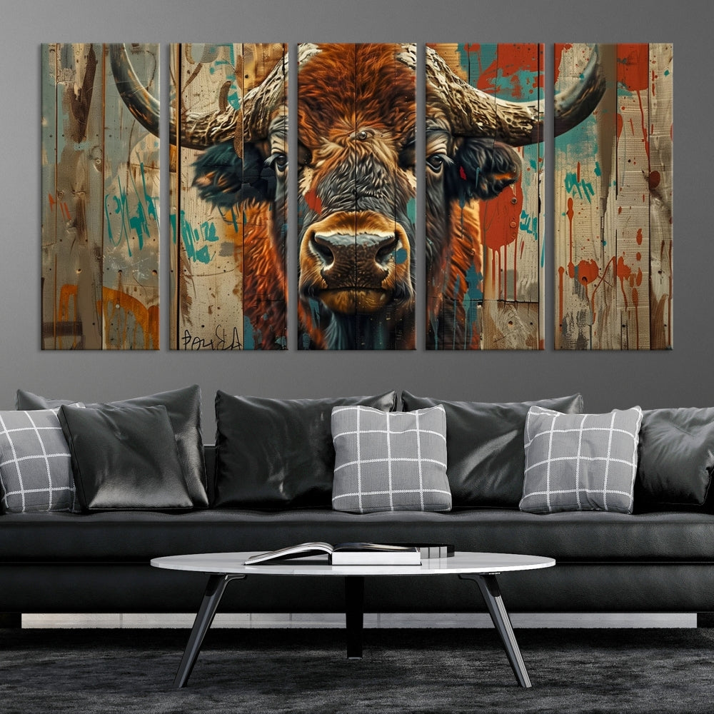 The dining room showcases the Bison Canvas Wall Art American Buffalo Print as a triptych on the wall. This museum-quality canvas includes a UV-protective coating to ensure it remains stunning and ready to hang for years to come.