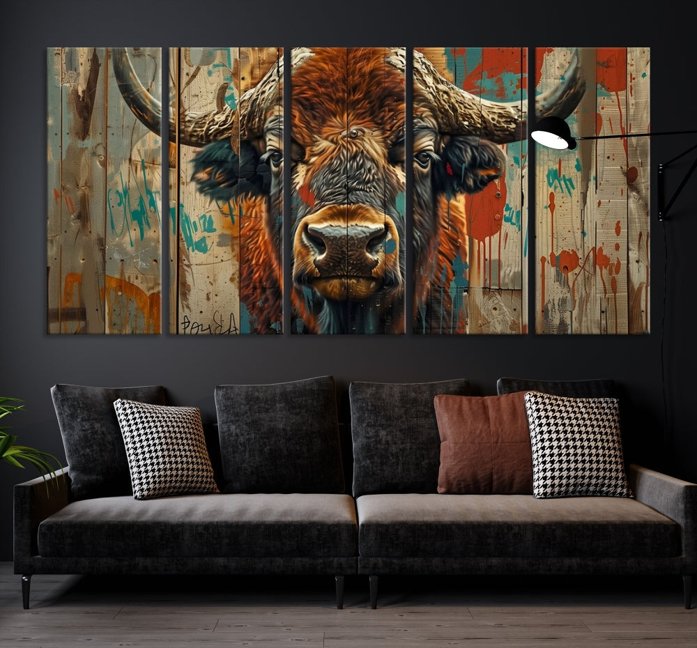 The dining room showcases the Bison Canvas Wall Art American Buffalo Print as a triptych on the wall. This museum-quality canvas includes a UV-protective coating to ensure it remains stunning and ready to hang for years to come.