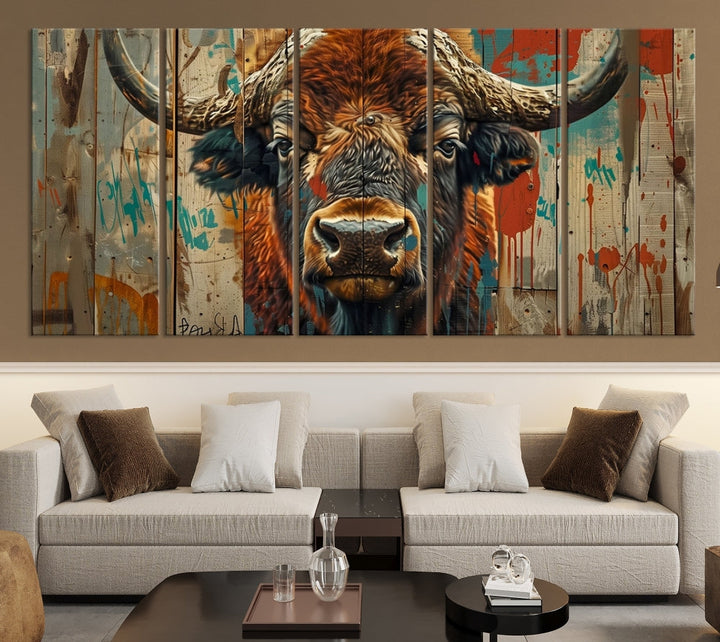 The dining room showcases the Bison Canvas Wall Art American Buffalo Print as a triptych on the wall. This museum-quality canvas includes a UV-protective coating to ensure it remains stunning and ready to hang for years to come.