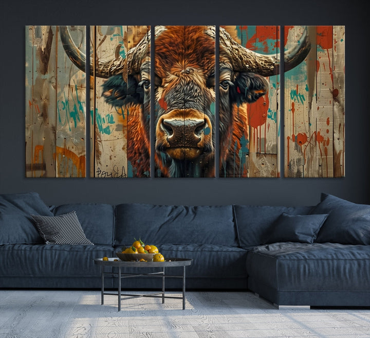 The dining room showcases the Bison Canvas Wall Art American Buffalo Print as a triptych on the wall. This museum-quality canvas includes a UV-protective coating to ensure it remains stunning and ready to hang for years to come.