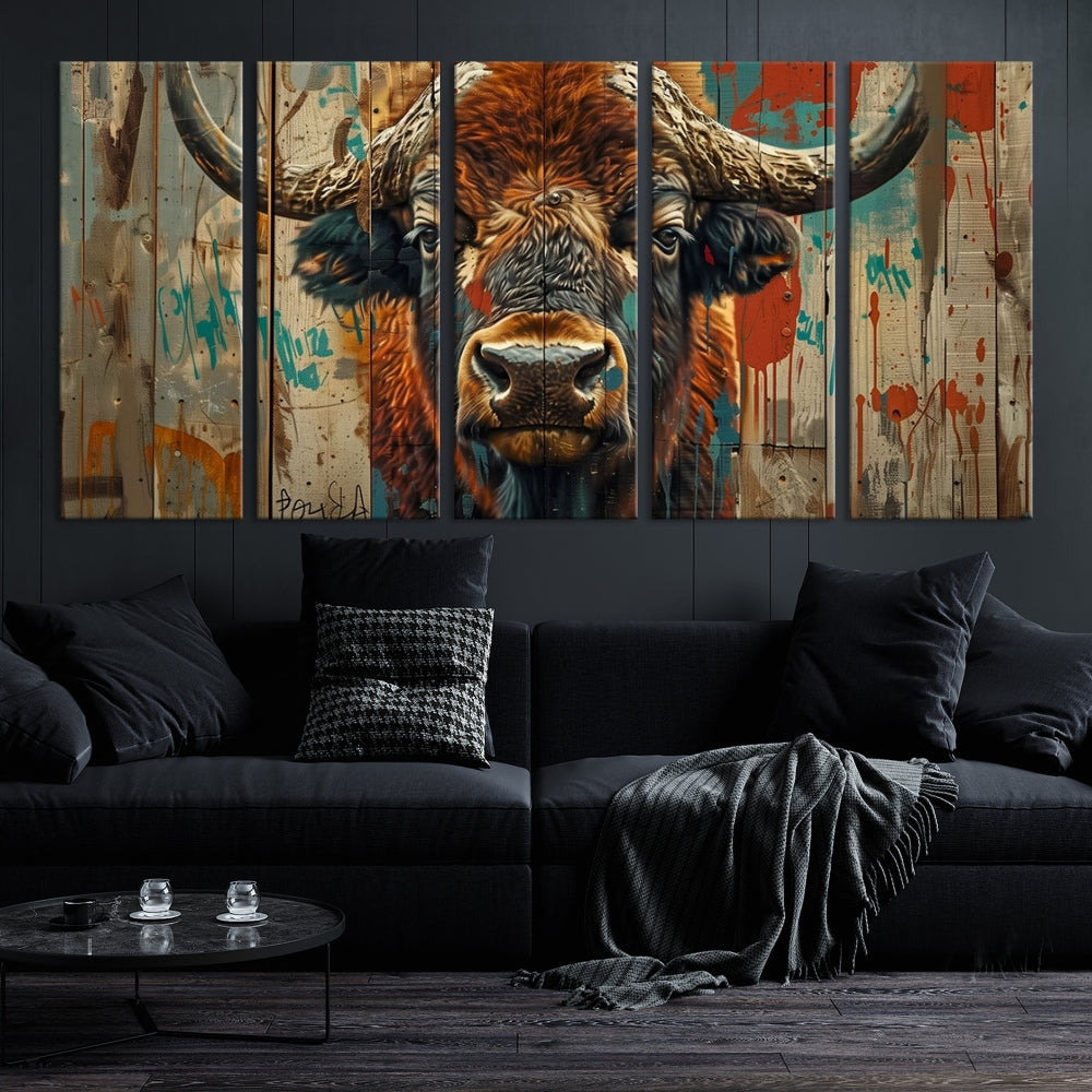 The dining room showcases the Bison Canvas Wall Art American Buffalo Print as a triptych on the wall. This museum-quality canvas includes a UV-protective coating to ensure it remains stunning and ready to hang for years to come.