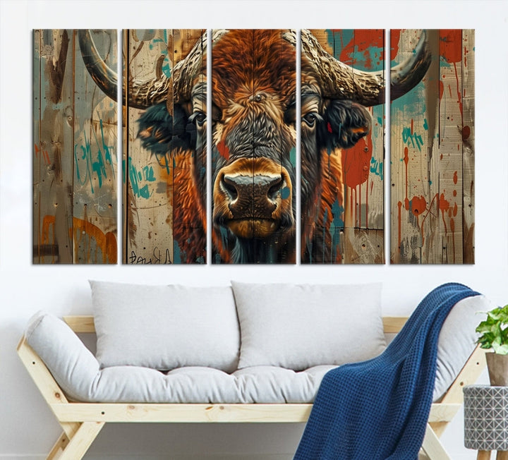 The dining room showcases the Bison Canvas Wall Art American Buffalo Print as a triptych on the wall. This museum-quality canvas includes a UV-protective coating to ensure it remains stunning and ready to hang for years to come.