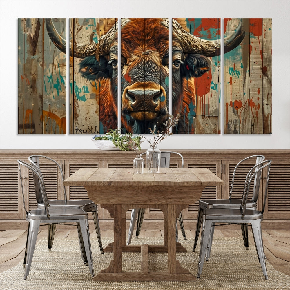 The dining room showcases the Bison Canvas Wall Art American Buffalo Print as a triptych on the wall. This museum-quality canvas includes a UV-protective coating to ensure it remains stunning and ready to hang for years to come.