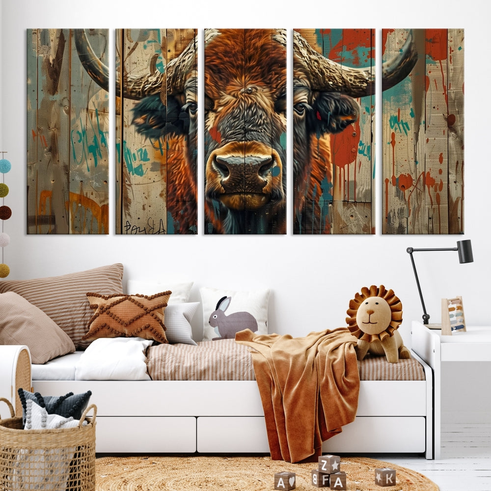 The dining room showcases the Bison Canvas Wall Art American Buffalo Print as a triptych on the wall. This museum-quality canvas includes a UV-protective coating to ensure it remains stunning and ready to hang for years to come.