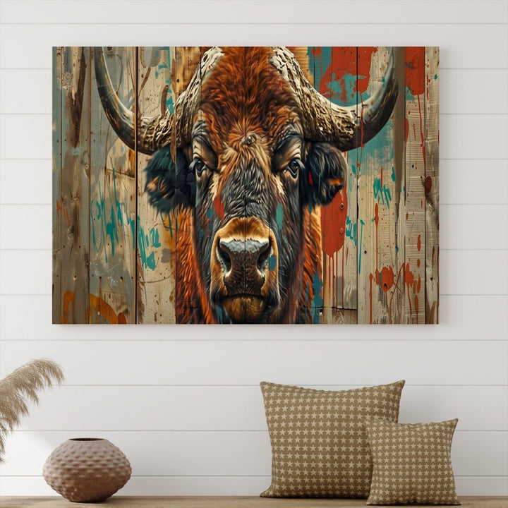 The dining room showcases the Bison Canvas Wall Art American Buffalo Print as a triptych on the wall. This museum-quality canvas includes a UV-protective coating to ensure it remains stunning and ready to hang for years to come.