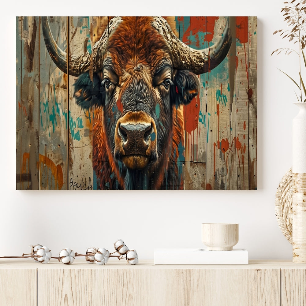 The dining room showcases the Bison Canvas Wall Art American Buffalo Print as a triptych on the wall. This museum-quality canvas includes a UV-protective coating to ensure it remains stunning and ready to hang for years to come.