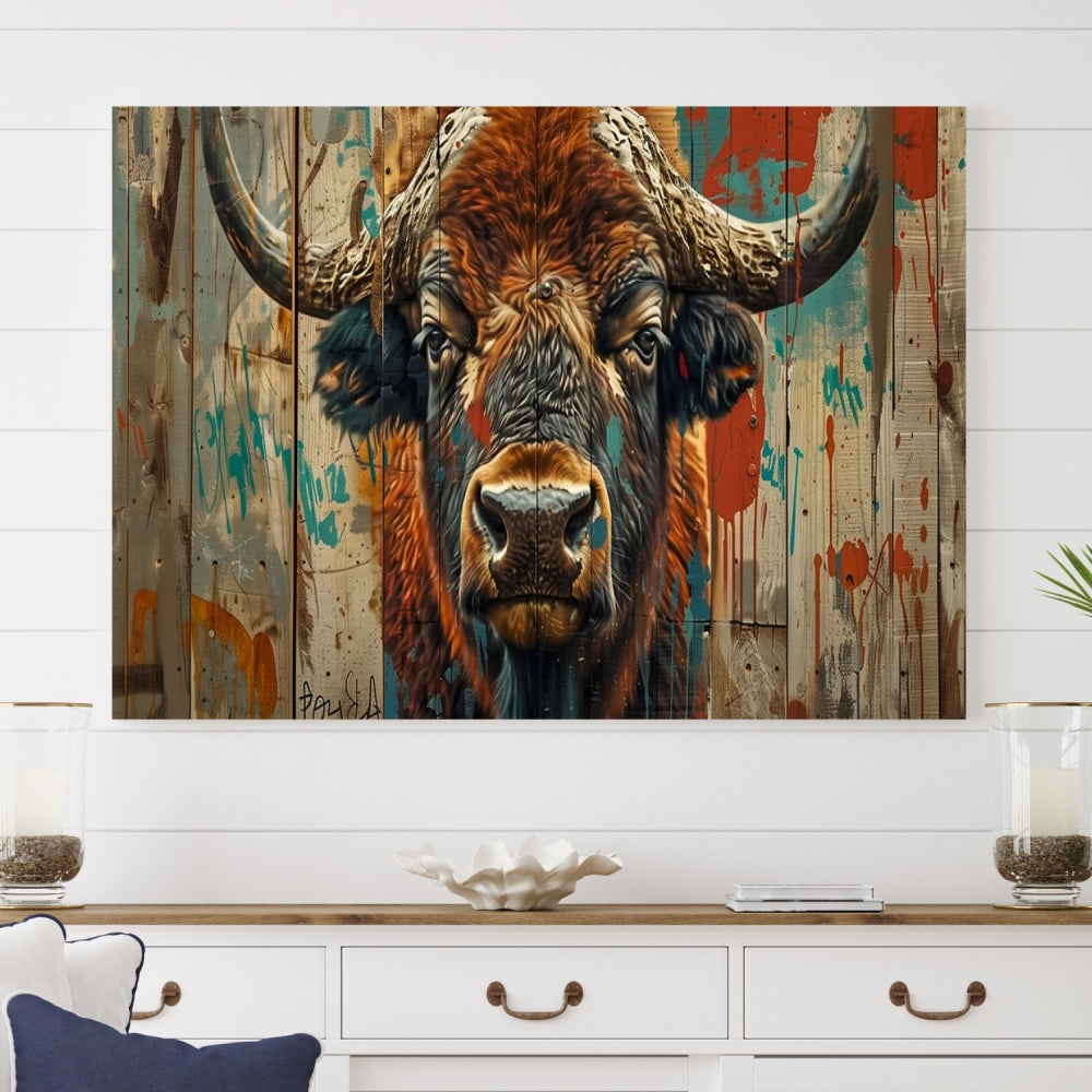 The dining room showcases the Bison Canvas Wall Art American Buffalo Print as a triptych on the wall. This museum-quality canvas includes a UV-protective coating to ensure it remains stunning and ready to hang for years to come.