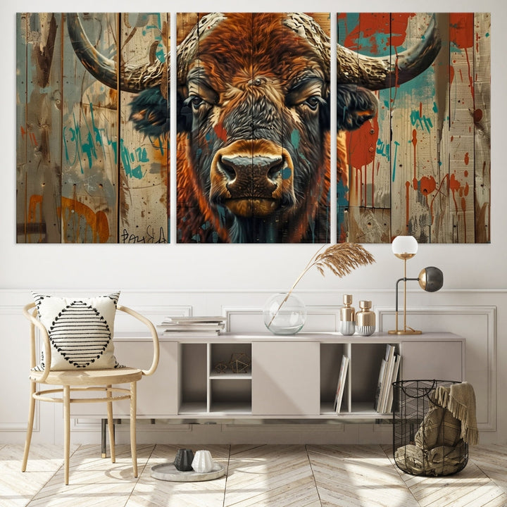 The dining room showcases the Bison Canvas Wall Art American Buffalo Print as a triptych on the wall. This museum-quality canvas includes a UV-protective coating to ensure it remains stunning and ready to hang for years to come.