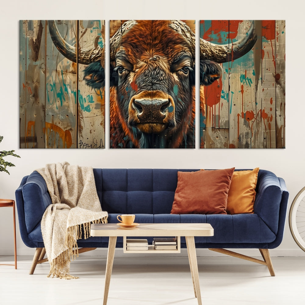 The dining room showcases the Bison Canvas Wall Art American Buffalo Print as a triptych on the wall. This museum-quality canvas includes a UV-protective coating to ensure it remains stunning and ready to hang for years to come.