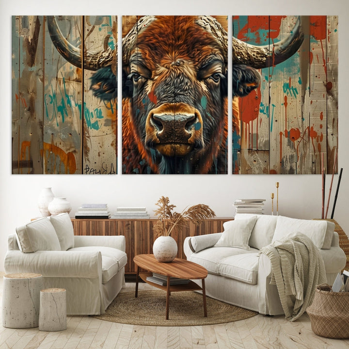 The dining room showcases the Bison Canvas Wall Art American Buffalo Print as a triptych on the wall. This museum-quality canvas includes a UV-protective coating to ensure it remains stunning and ready to hang for years to come.