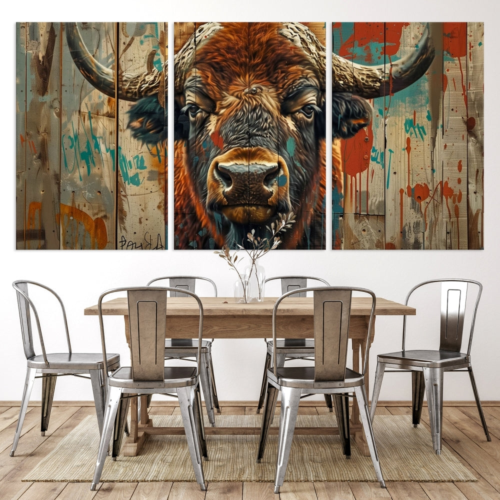 The dining room showcases the Bison Canvas Wall Art American Buffalo Print as a triptych on the wall. This museum-quality canvas includes a UV-protective coating to ensure it remains stunning and ready to hang for years to come.