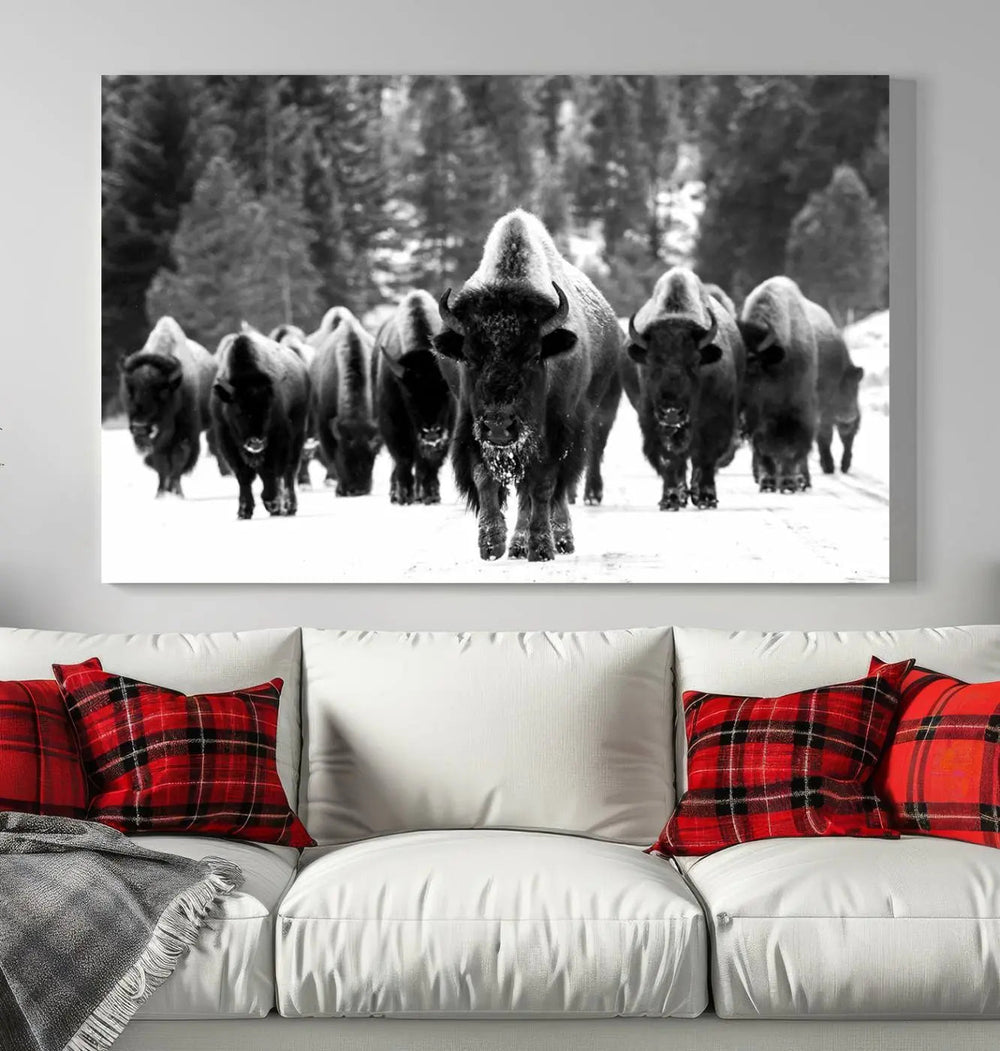 The living room features a captivating Bison Herd in Snow wall art canvas print.