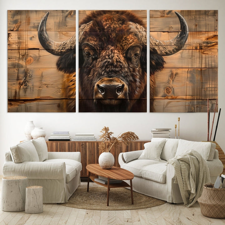 The living room features the Bison on Wood Background Canvas Wall Art American Buffalo Print, expertly crafted by a professional craftsman for a museum-quality aesthetic.