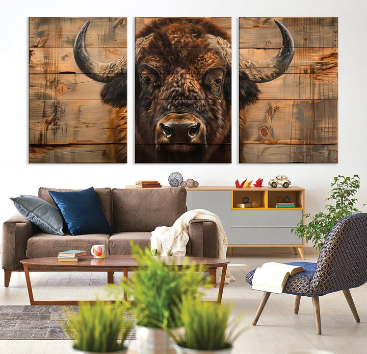 The living room features the Bison on Wood Background Canvas Wall Art American Buffalo Print, expertly crafted by a professional craftsman for a museum-quality aesthetic.