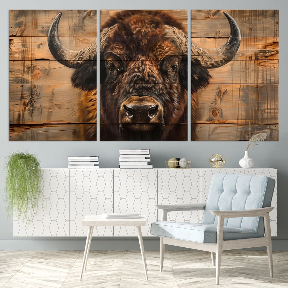 The living room features the Bison on Wood Background Canvas Wall Art American Buffalo Print, expertly crafted by a professional craftsman for a museum-quality aesthetic.