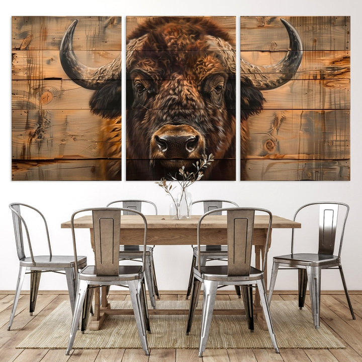 The living room features the Bison on Wood Background Canvas Wall Art American Buffalo Print, expertly crafted by a professional craftsman for a museum-quality aesthetic.