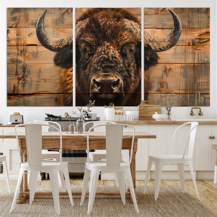 The living room features the Bison on Wood Background Canvas Wall Art American Buffalo Print, expertly crafted by a professional craftsman for a museum-quality aesthetic.