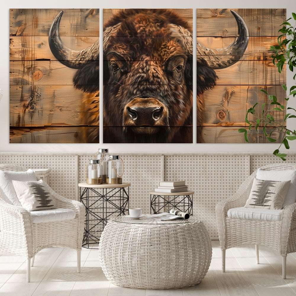 The living room features the Bison on Wood Background Canvas Wall Art American Buffalo Print, expertly crafted by a professional craftsman for a museum-quality aesthetic.