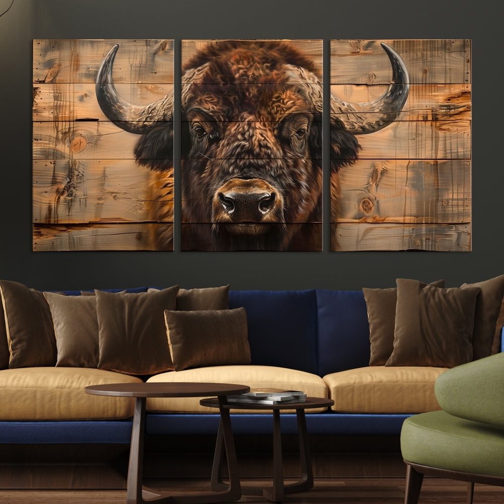 The living room features the Bison on Wood Background Canvas Wall Art American Buffalo Print, expertly crafted by a professional craftsman for a museum-quality aesthetic.