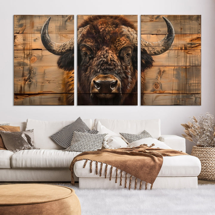 The living room features the Bison on Wood Background Canvas Wall Art American Buffalo Print, expertly crafted by a professional craftsman for a museum-quality aesthetic.