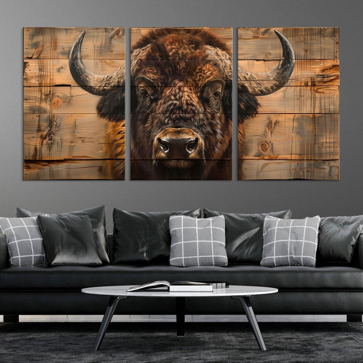 The living room features the Bison on Wood Background Canvas Wall Art American Buffalo Print, expertly crafted by a professional craftsman for a museum-quality aesthetic.