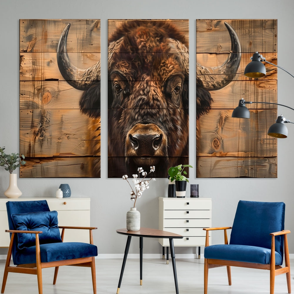 The living room features the Bison on Wood Background Canvas Wall Art American Buffalo Print, expertly crafted by a professional craftsman for a museum-quality aesthetic.