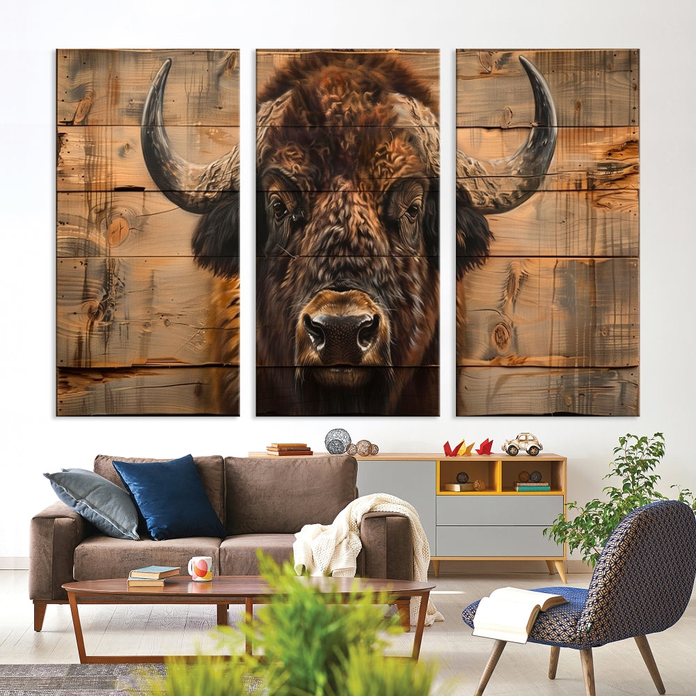 The living room features the Bison on Wood Background Canvas Wall Art American Buffalo Print, expertly crafted by a professional craftsman for a museum-quality aesthetic.