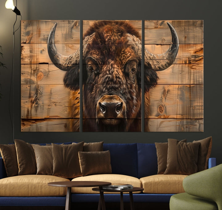 The living room features the Bison on Wood Background Canvas Wall Art American Buffalo Print, expertly crafted by a professional craftsman for a museum-quality aesthetic.