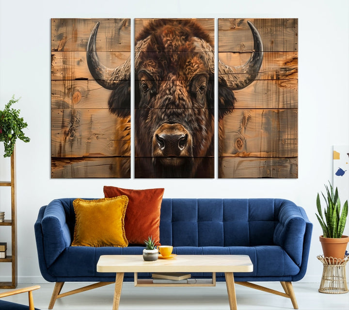 The living room features the Bison on Wood Background Canvas Wall Art American Buffalo Print, expertly crafted by a professional craftsman for a museum-quality aesthetic.