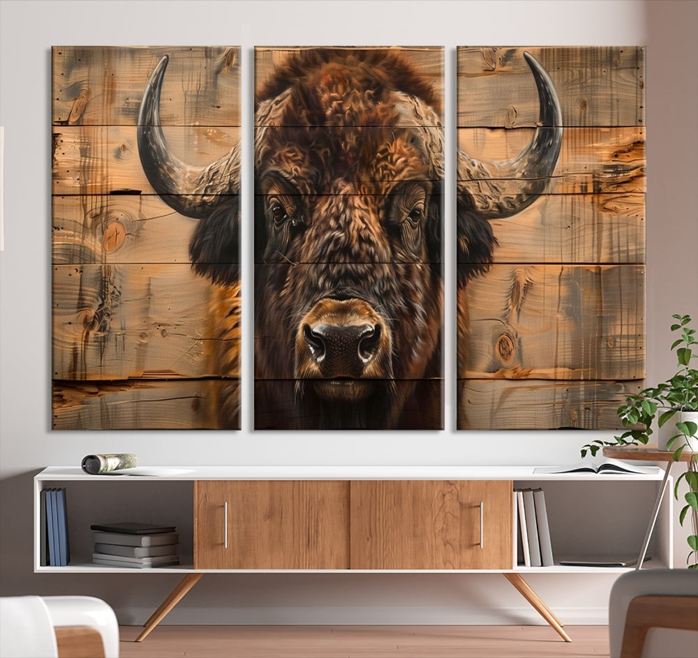 The living room features the Bison on Wood Background Canvas Wall Art American Buffalo Print, expertly crafted by a professional craftsman for a museum-quality aesthetic.