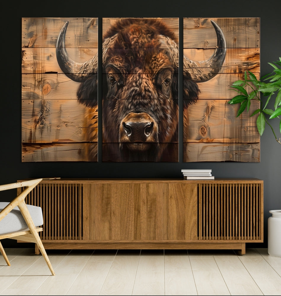 The living room features the Bison on Wood Background Canvas Wall Art American Buffalo Print, expertly crafted by a professional craftsman for a museum-quality aesthetic.