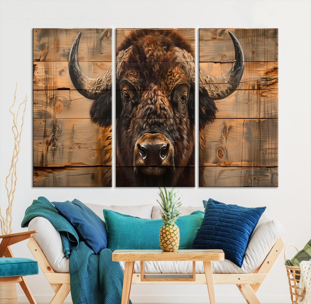 The living room features the Bison on Wood Background Canvas Wall Art American Buffalo Print, expertly crafted by a professional craftsman for a museum-quality aesthetic.