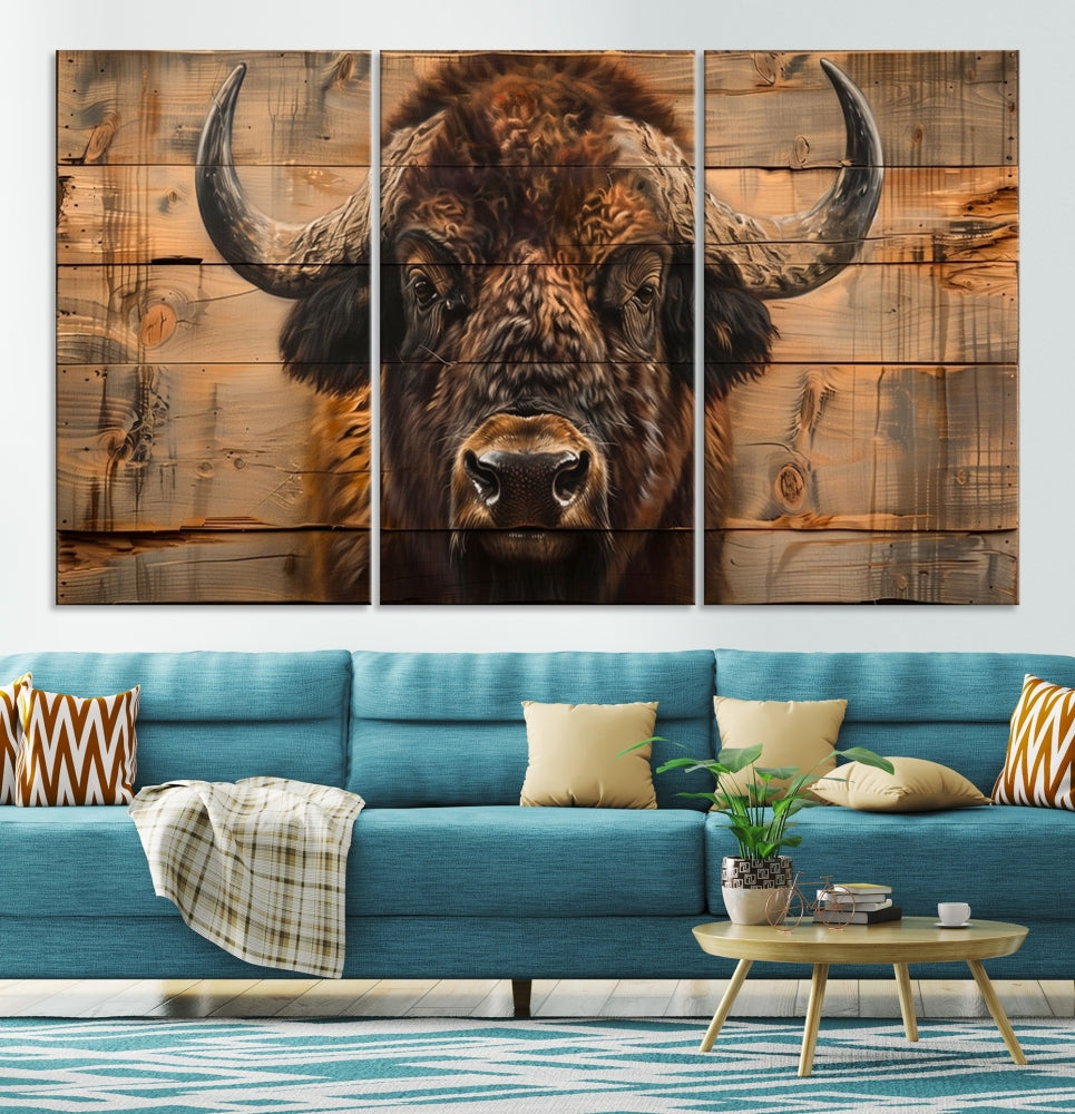 The living room features the Bison on Wood Background Canvas Wall Art American Buffalo Print, expertly crafted by a professional craftsman for a museum-quality aesthetic.