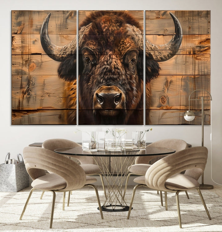 The living room features the Bison on Wood Background Canvas Wall Art American Buffalo Print, expertly crafted by a professional craftsman for a museum-quality aesthetic.