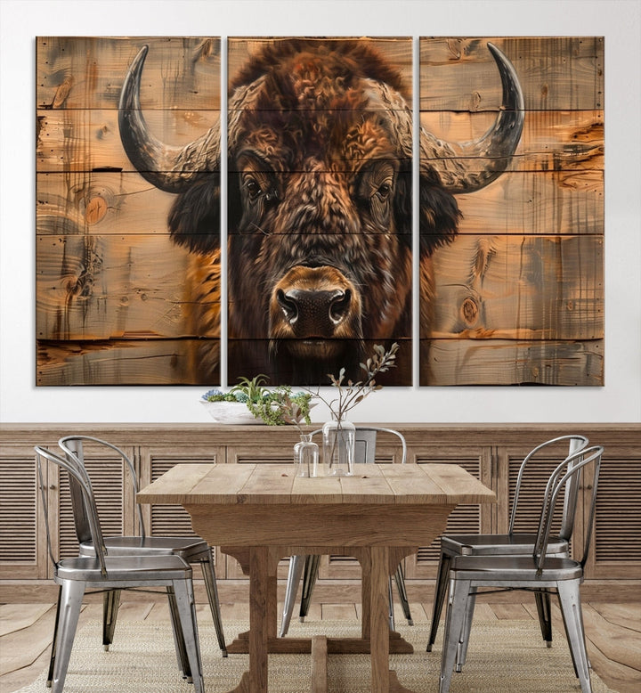 The living room features the Bison on Wood Background Canvas Wall Art American Buffalo Print, expertly crafted by a professional craftsman for a museum-quality aesthetic.