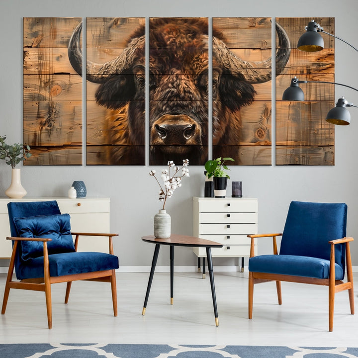 The living room features the Bison on Wood Background Canvas Wall Art American Buffalo Print, expertly crafted by a professional craftsman for a museum-quality aesthetic.