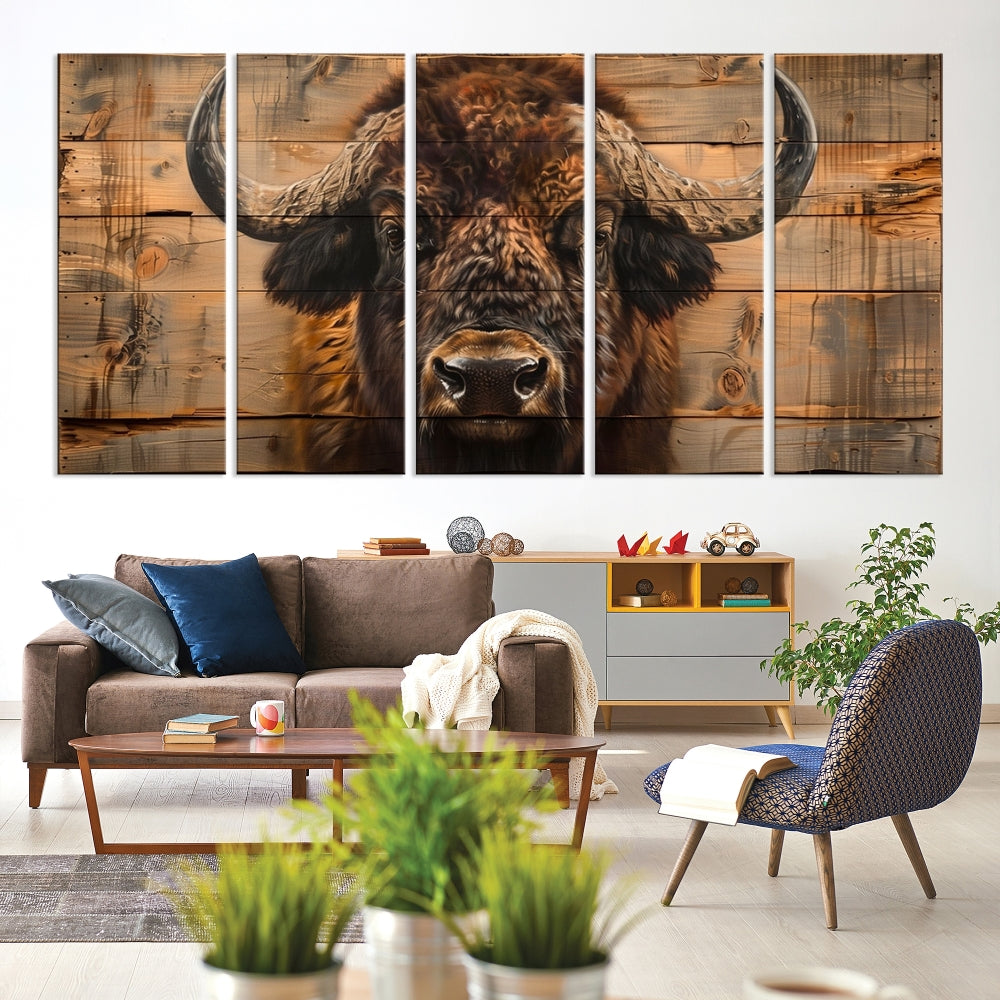 The living room features the Bison on Wood Background Canvas Wall Art American Buffalo Print, expertly crafted by a professional craftsman for a museum-quality aesthetic.