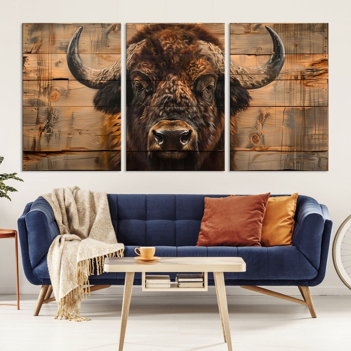 The living room features the Bison on Wood Background Canvas Wall Art American Buffalo Print, expertly crafted by a professional craftsman for a museum-quality aesthetic.