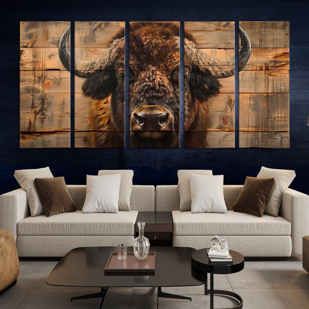 The living room features the Bison on Wood Background Canvas Wall Art American Buffalo Print, expertly crafted by a professional craftsman for a museum-quality aesthetic.