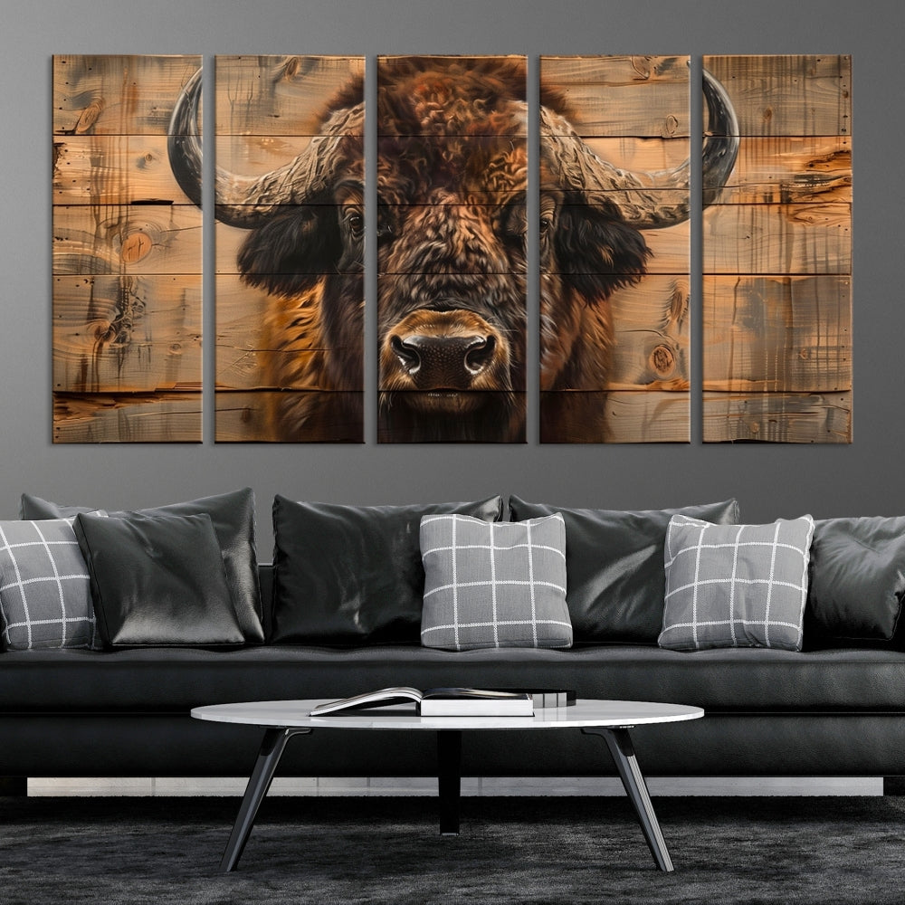 The living room features the Bison on Wood Background Canvas Wall Art American Buffalo Print, expertly crafted by a professional craftsman for a museum-quality aesthetic.