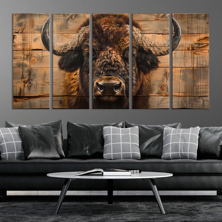 The living room features the Bison on Wood Background Canvas Wall Art American Buffalo Print, expertly crafted by a professional craftsman for a museum-quality aesthetic.