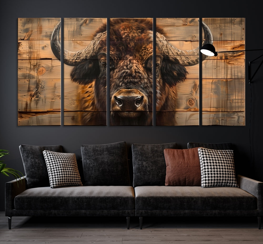 The living room features the Bison on Wood Background Canvas Wall Art American Buffalo Print, expertly crafted by a professional craftsman for a museum-quality aesthetic.