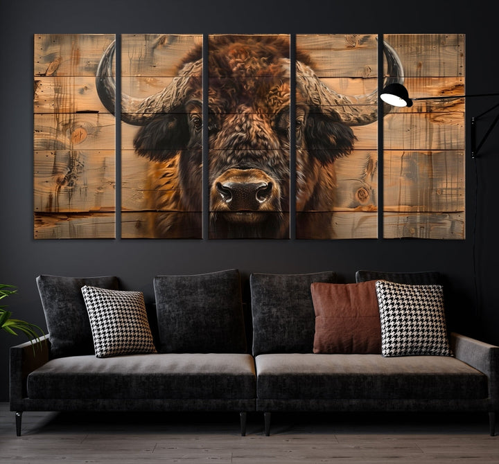 The living room features the Bison on Wood Background Canvas Wall Art American Buffalo Print, expertly crafted by a professional craftsman for a museum-quality aesthetic.