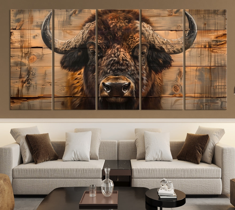 The living room features the Bison on Wood Background Canvas Wall Art American Buffalo Print, expertly crafted by a professional craftsman for a museum-quality aesthetic.