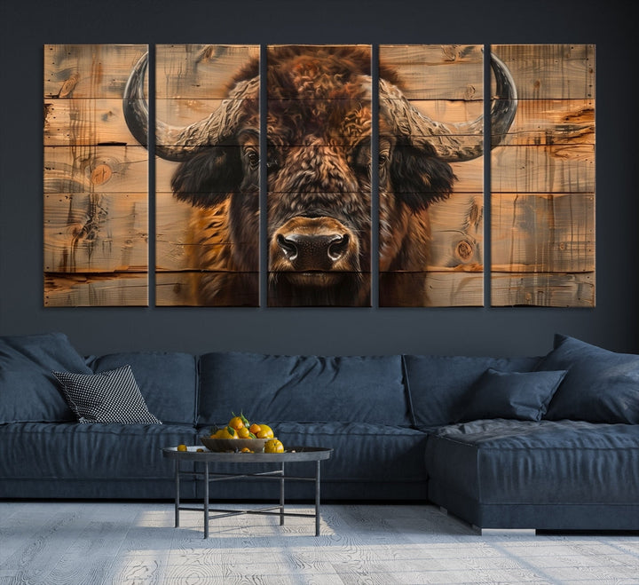 The living room features the Bison on Wood Background Canvas Wall Art American Buffalo Print, expertly crafted by a professional craftsman for a museum-quality aesthetic.