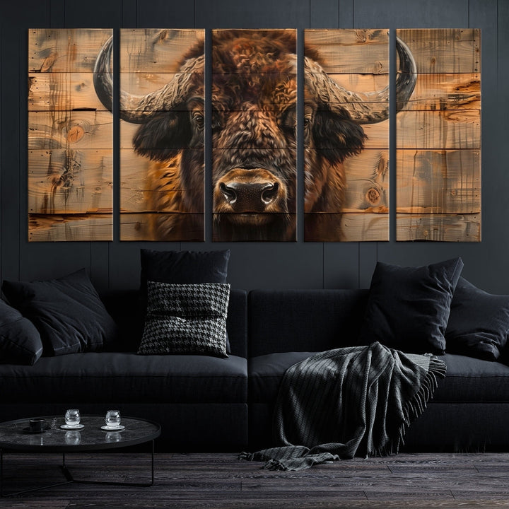 The living room features the Bison on Wood Background Canvas Wall Art American Buffalo Print, expertly crafted by a professional craftsman for a museum-quality aesthetic.