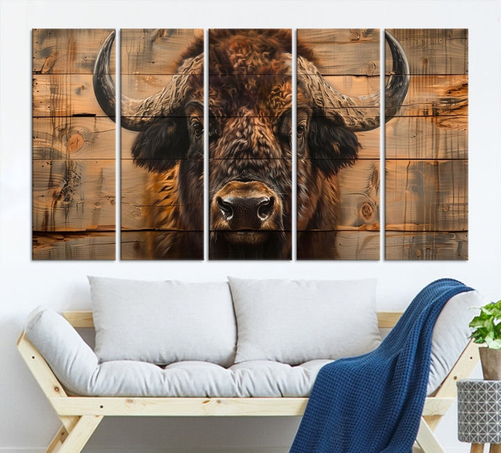 The living room features the Bison on Wood Background Canvas Wall Art American Buffalo Print, expertly crafted by a professional craftsman for a museum-quality aesthetic.